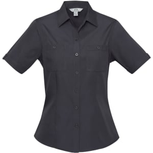 A women's short sleeve button-up shirt in dark grey, featuring dual chest pockets and a tailored fit.