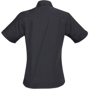 A black women's short sleeve button-up shirt featuring a back view design and a logo.