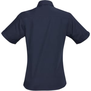 A navy short sleeve button-up shirt with a fitted design and back yoke detail. Features a subtle logo.