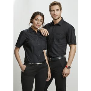 A black short sleeve shirt for women, featuring two chest pockets and a button-up design. The shirt has a logo.