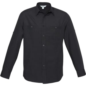 A black long sleeve button-up shirt featuring two chest pockets and a logo.