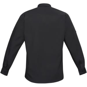 A black long sleeve button-up shirt with a collar and buttoned cuffs, featuring a small logo.