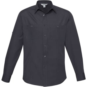 A long sleeve, button-up shirt in dark grey with two chest pockets and a logo on the sleeve.