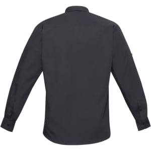A men's long sleeve button-up shirt in dark grey, featuring a logo on the sleeve.