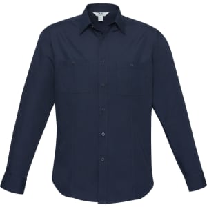 A navy long sleeve button-up shirt featuring two chest pockets and a logo on the sleeve.
