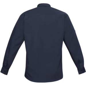 A navy blue long sleeve button-up shirt with a back view, featuring a logo on one sleeve.