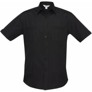 A black short sleeve button-up shirt with a collar and two front pockets, featuring a logo on the label.