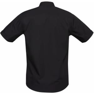 A black short sleeve button-up shirt featuring a classic collar and a logo on the back.