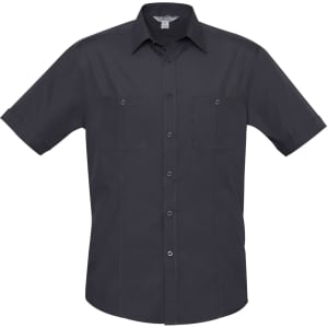 A short sleeve button-up shirt in dark grey, featuring two chest pockets and a branded logo.