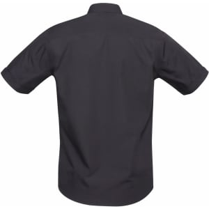 A short-sleeve button-up shirt in dark grey with a plain back view, featuring a collar and a logo.