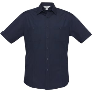 A navy short sleeve button-up shirt featuring two chest pockets and a collar. It includes a branding logo.