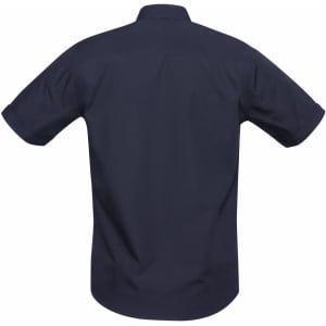 A navy blue short sleeve button-up shirt featuring a back yoke and branded logo.