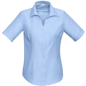 Light blue short sleeve button-up shirt with a collar and a logo.