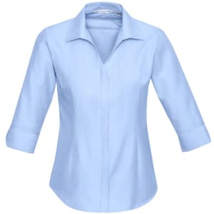 A light blue women's button-up shirt with 3/4 sleeves and a collar. It features a logo on the design.