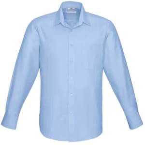 A light blue long sleeve button-up shirt with a single chest pocket and a logo.