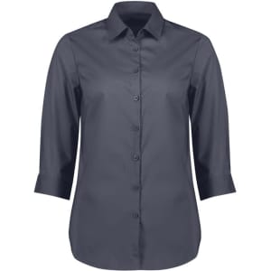 A women's button-up shirt with 3/4 sleeves in a dark navy colour, featuring a logo on the chest.