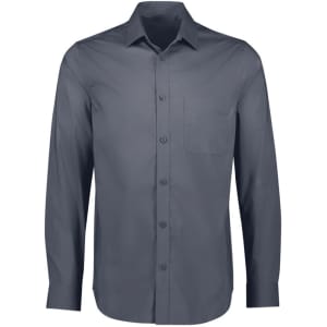 A men's long sleeve button-up shirt in dark grey with a chest pocket and a logo on the shirt.