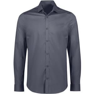 A tailored long sleeve shirt in a dark grey hue, featuring a button-up design and a brand logo.