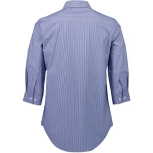 A blue and white striped women's button-up shirt with 3/4 sleeves and a back view. It features a logo.