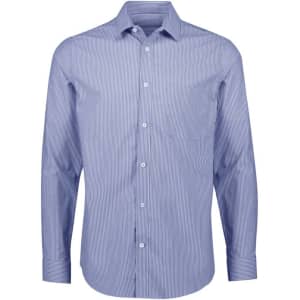 A long sleeve button-up shirt featuring a classic striped design in blue tones. The shirt has a chest pocket and a logo.