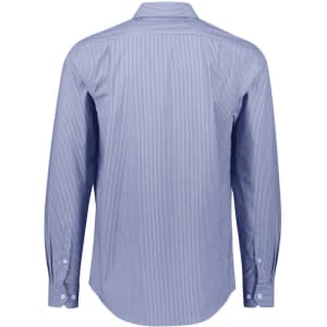 A blue and white striped long sleeve button-up shirt with a collared neck and cuffs. Features a branding logo.