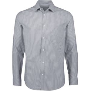 A long-sleeve button-up shirt with a classic striped pattern in shades of blue and white, featuring a chest pocket and a logo.