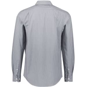 A long sleeve button-up shirt in grey with white vertical stripes, featuring a back view and a small logo.