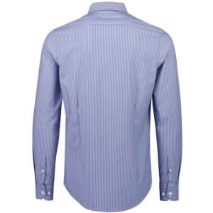 A tailored long sleeve shirt in blue with white stripes, featuring a collared neckline and button cuffs, with branding.