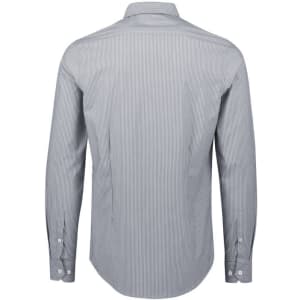 A tailored long sleeve shirt featuring a grey and white striped pattern and a button-up front.