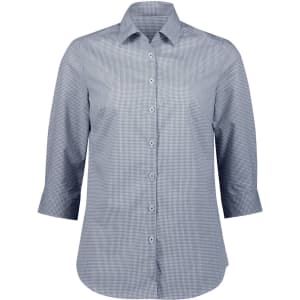 A women's 3/4 sleeve button-up shirt in navy and white gingham pattern, featuring a collar and front buttons.