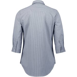 A button-up shirt featuring a blue check pattern and 3/4 sleeves, with a sleek back design and a small logo.