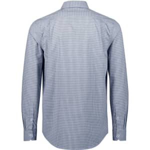 A long sleeve button-up shirt in a blue check pattern with a collar and buttoned cuffs. Features a logo on the back.