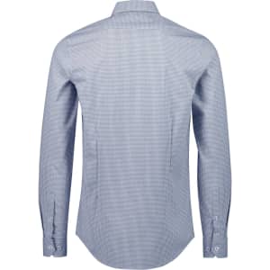 A tailored long sleeve shirt in blue and white checks, featuring a button-up design and a branded label.