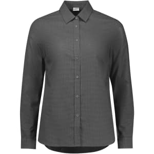 A women's long sleeve button-up shirt in a dark grey colour, featuring a collar and a logo.