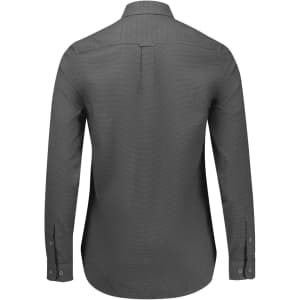 A button-up shirt in dark grey with long sleeves and a back yoke, featuring a logo on the collar.