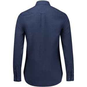 A navy long sleeve button-up shirt with a classic collar and a logo on the back.