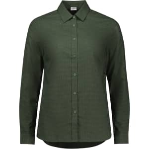 A green button-up shirt with long sleeves, featuring a collar and a subtle textured pattern. It has a logo on the tag.