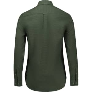 A women's long sleeve button-up shirt in a dark green hue with a back yoke detail and buttoned cuffs.