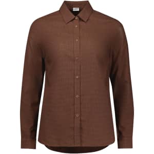 A brown long sleeve button-up shirt for women, featuring a classic collar and a straight hem. Includes a logo.