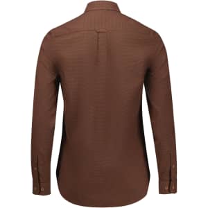 A brown long sleeve button-up shirt with a fitted design and a back yoke. It features button cuffs and a small logo.