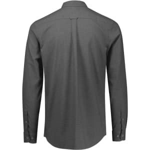 A grey long sleeve button-up shirt featuring a back yoke and cuffs, with a logo on the collar.