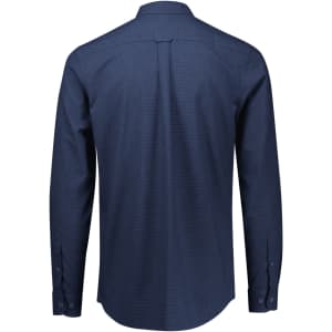 A navy blue long sleeve button-up shirt featuring a plain back and a collar, with button details on the sleeves.