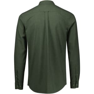A long-sleeve button-up shirt in olive green, featuring a back yoke and button cuffs, with a logo.