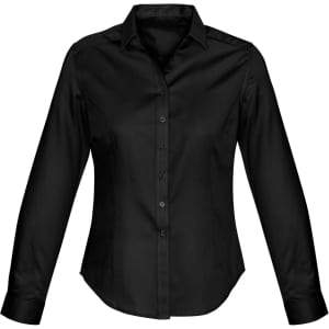 A black long sleeve button-up shirt for women, featuring a collar and a fitted design. It has a logo on the fabric.