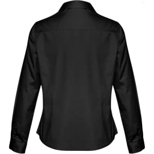 A black women's button-up long sleeve shirt featuring a sleek design and a back view. It has a logo on the label.
