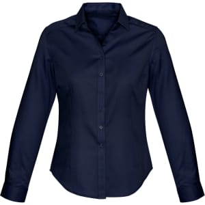 A navy button-up long sleeve shirt for women with a fitted design and a collar. It features a logo.