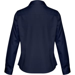 A women's long sleeve shirt in navy blue, featuring a tailored back and button details, with a logo displayed.