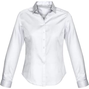 A white women's long sleeve button-up shirt with a grey collar and a logo on the chest.