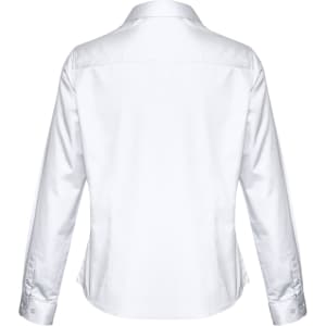 A white long sleeve button-up shirt featuring a classic collar and button details on the cuffs.