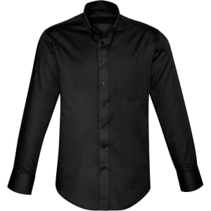 A black long sleeve button-up shirt with a chest pocket and a sleek design. Features visible buttons and a collar.